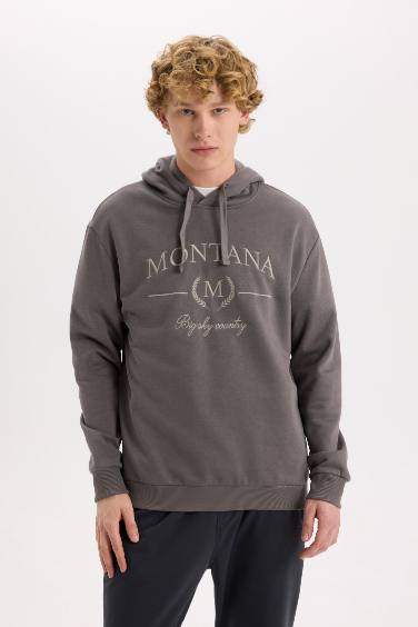 Relax Fit Kapüşonlu Baskılı Kalın Sweatshirt