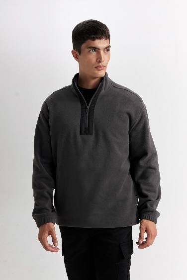 Relax Fit Dik Yaka Fermuarlı Polar Sweatshirt