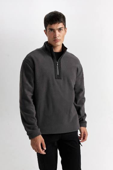 Relax Fit Dik Yaka Fermuarlı Polar Sweatshirt