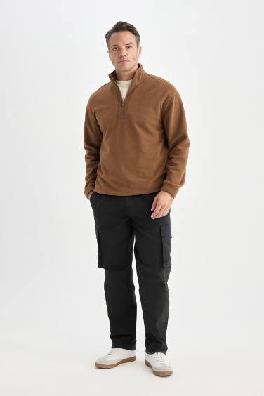 Relax Fit Dik Yaka Fermuarlı Polar Sweatshirt