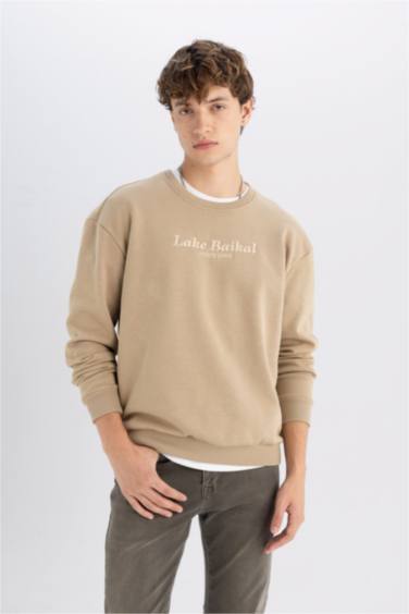 Boxy Fıt Bisiklet Yaka Baskılı Sweatshirt