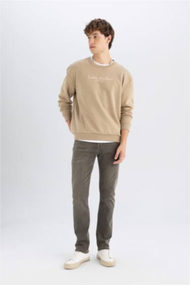 Boxy Fıt Bisiklet Yaka Baskılı Sweatshirt