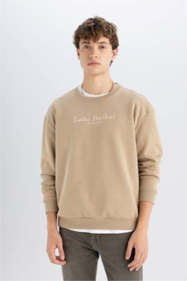 Boxy Fıt Bisiklet Yaka Baskılı Sweatshirt