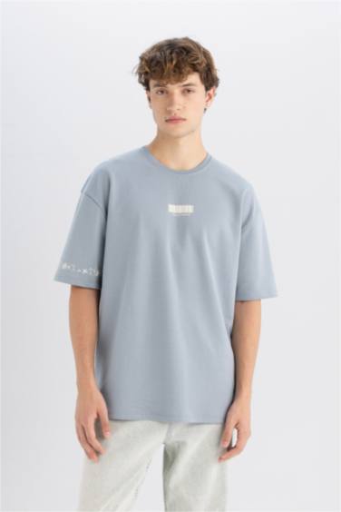 Oversize Fit Bisiklet Yaka Baskılı Ağır Kumaş Tişört