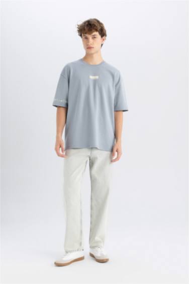 Oversize Fit Bisiklet Yaka Baskılı Ağır Kumaş Tişört