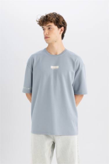 Oversize Fit Bisiklet Yaka Baskılı Ağır Kumaş Tişört