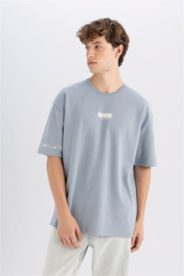 Oversize Fit Bisiklet Yaka Baskılı Ağır Kumaş Tişört