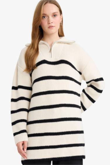 Regular Fit Half Zipper Stripped Knitwear Pullover