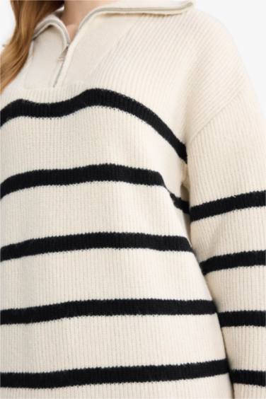 Regular Fit Half Zipper Stripped Knitwear Pullover