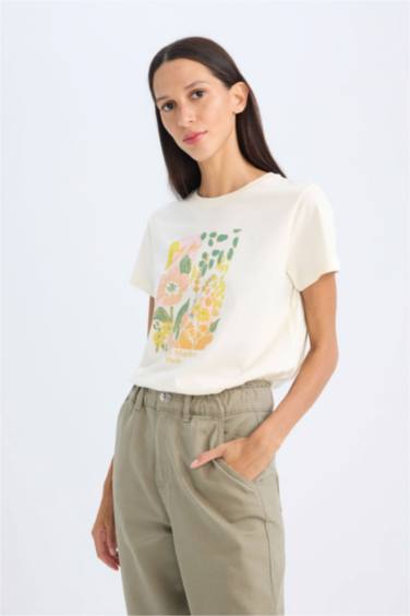 Regular Fit Crew Neck Floral Cotton T-Shirt
