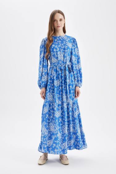 Crew Neck Patterned Viscose Maxi Dress