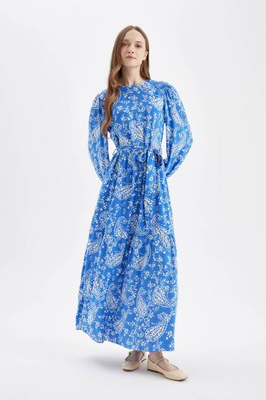 Crew Neck Patterned Viscose Maxi Dress