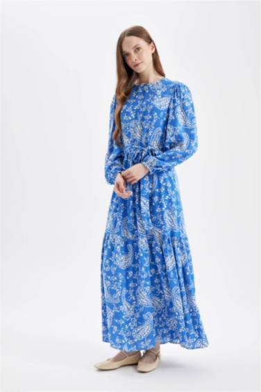 Crew Neck Patterned Viscose Maxi Dress