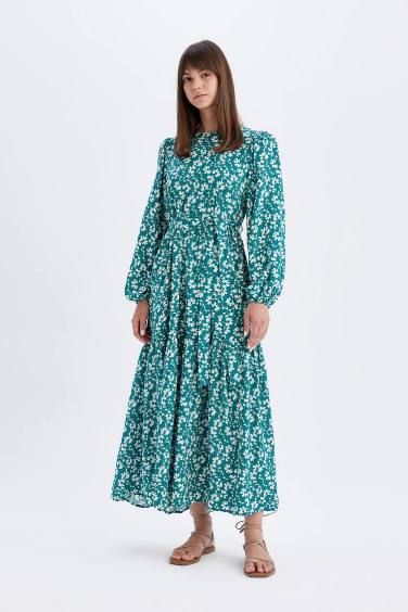 Crew Neck Patterned Viscose Maxi Dress