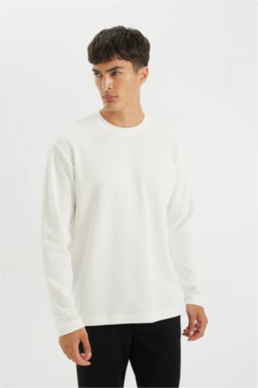 T-shirt en coton à manches longues et col rond Coupe régulière