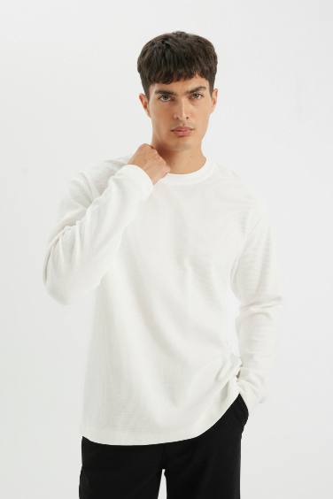 T-shirt en coton à manches longues et col rond Coupe régulière