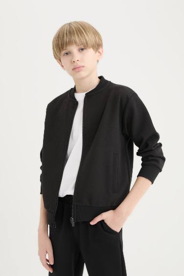 Boy College Collar Zippered Pocket Bomber Cardigan