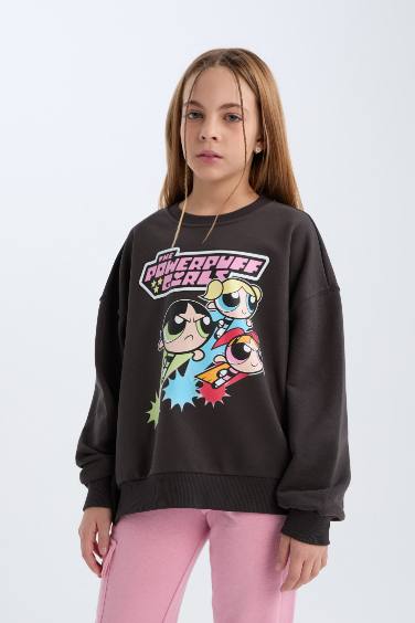 Kız Çocuk PowerPuff Girls Oversize Geniş Kalıp Bisiklet Yaka Sweatshirt