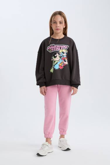 Kız Çocuk PowerPuff Girls Oversize Geniş Kalıp Bisiklet Yaka Sweatshirt
