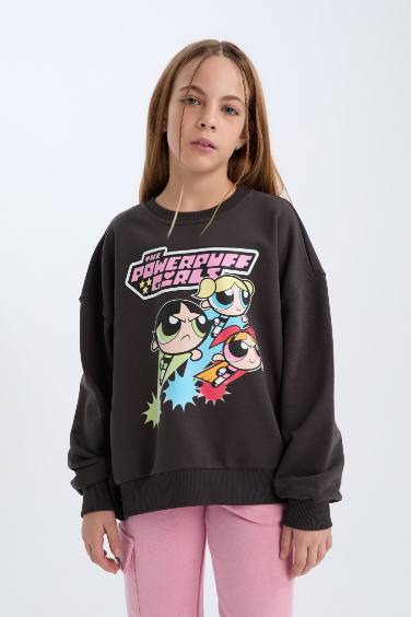 Kız Çocuk PowerPuff Girls Oversize Geniş Kalıp Bisiklet Yaka Sweatshirt