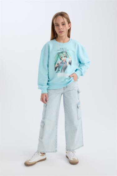 Kız Çocuk Hatsune Miku Oversize Geniş Kalıp Bisiklet Yaka Sweatshirt
