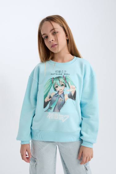 Kız Çocuk Hatsune Miku Oversize Geniş Kalıp Bisiklet Yaka Sweatshirt