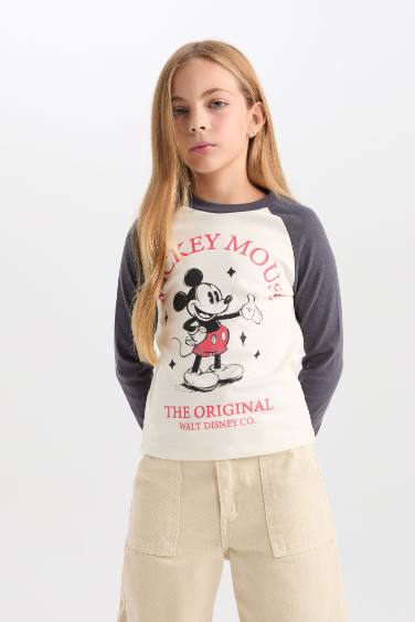 Kız Çocuk Disney Mickey & Minnie Crop Bisiklet Yaka Fitilli Kaşkorse Uzun Kollu Tişört