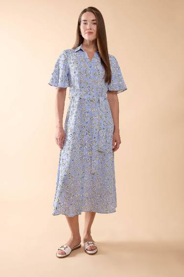 Patterned Shirt Collar Short Sleeve Midi Dress