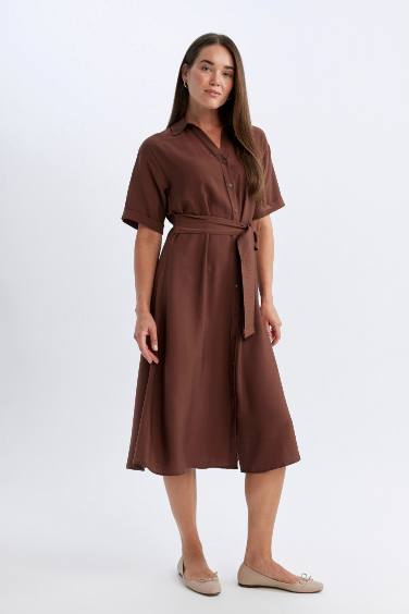 Shirt Collar Long Sleeve Midi Dress