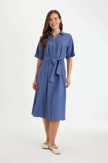 Shirt Collar Short Sleeve Belted Midi Dress