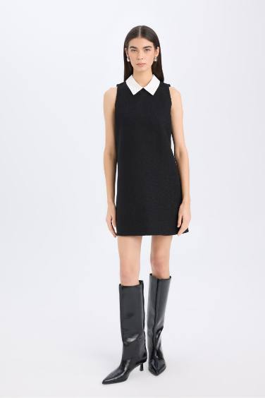 A Line Shirt Collar Basic Sleeveless Mini Black Dress