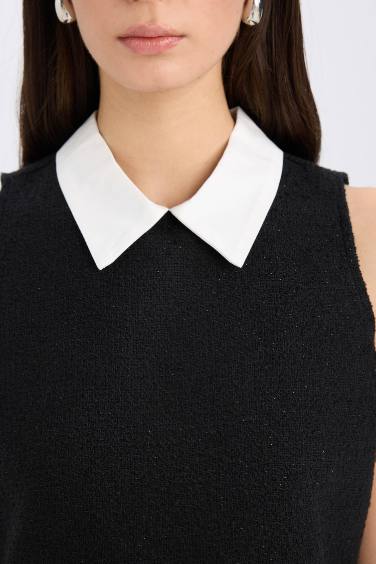 Mini Robe noire Basique en tweed à coupe A et à col chemise, sans manches