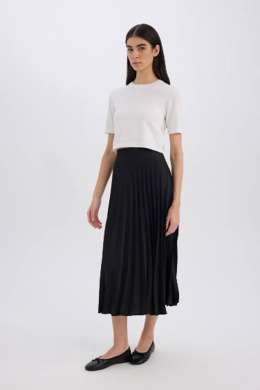 Pleat Satin High Waist Midi Skirt