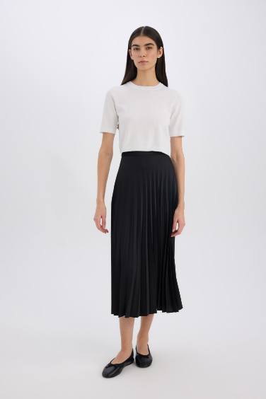 Pleat Satin High Waist Midi Skirt