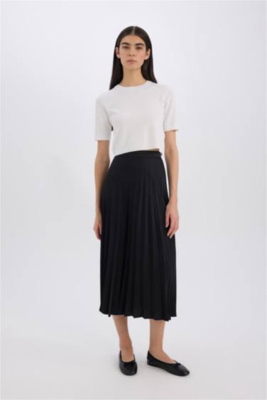 Pleat Satin High Waist Midi Skirt