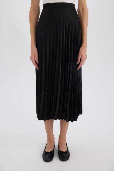 Pleat Satin High Waist Midi Skirt