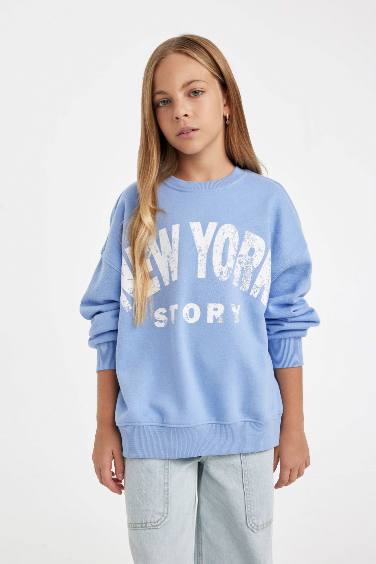 Girl Blue Oversize Fit Crew Neck Slogan Printed Sweatshirt