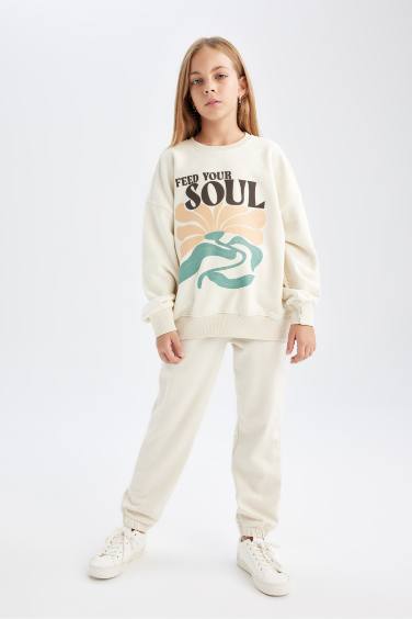 Girl Oversize Fit Crew Neck Slogan Printed Sweatshirt