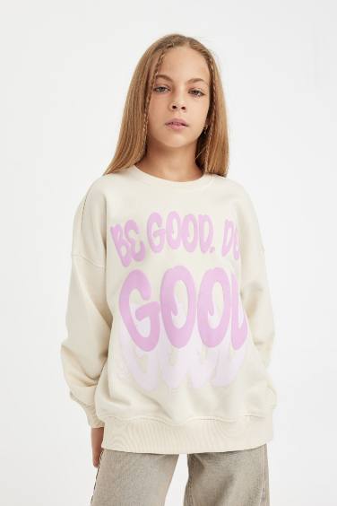 Girl Oversize Fit Crew Neck Slogan Printed Sweatshirt