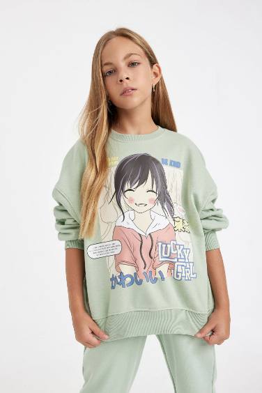 Girl Oversize Fit Crew Neck Slogan Printed Sweatshirt