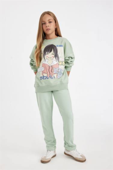 Girl Oversize Fit Crew Neck Slogan Printed Sweatshirt