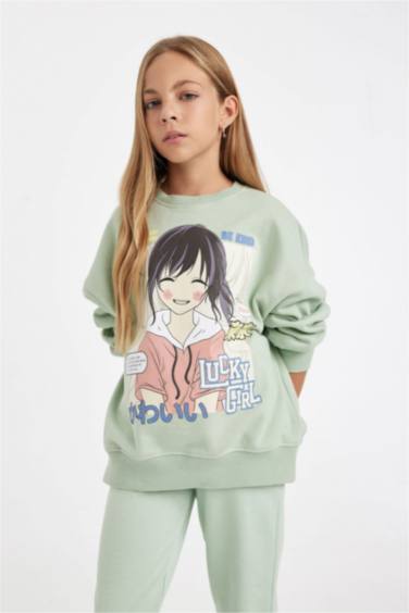 Girl Oversize Fit Crew Neck Slogan Printed Sweatshirt