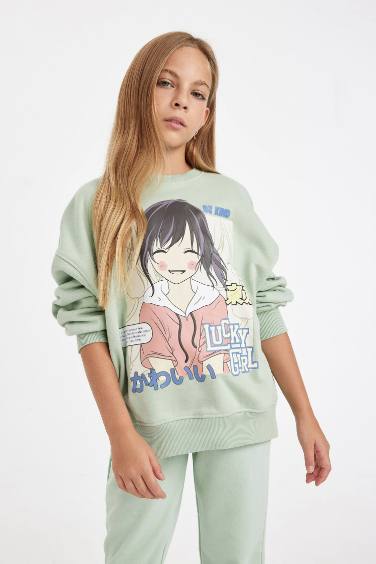 Girl Oversize Fit Crew Neck Slogan Printed Sweatshirt