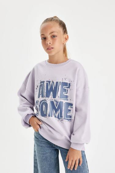 Kız Çocuk Oversize Geniş Kalıp Bisiklet Yaka Baskılı Sweatshirt