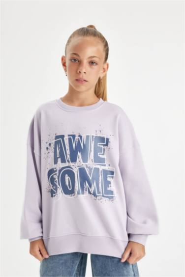 Oversize Geniş Kalıp Bisiklet Yaka Baskılı Sweatshirt Kız Çocuk