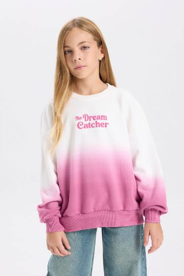 Kız Çocuk Oversize Geniş Kalıp Bisiklet Yaka Degrade Baskılı Sweatshirt