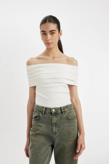 Slim Fit Open Shoulder Ribbed Short Sleeve T-shirt