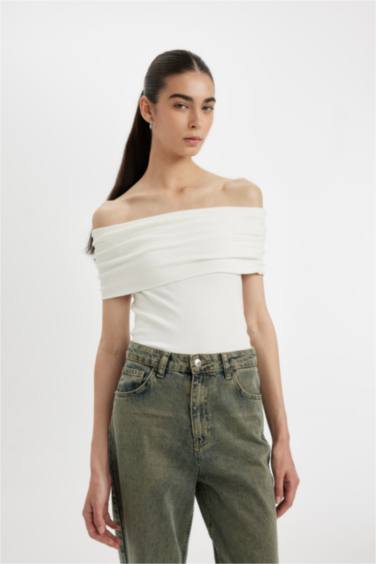 Slim Fit Open Shoulder Ribbed Short Sleeve T-shirt