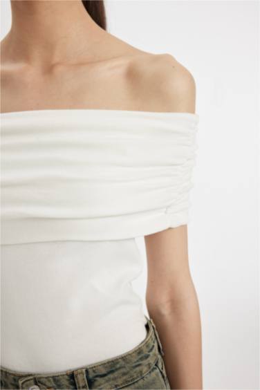 Slim Fit Open Shoulder Ribbed Short Sleeve T-shirt