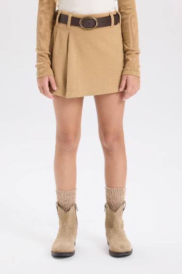 Girl Waist Elastic Pleated Belted Short Skirt